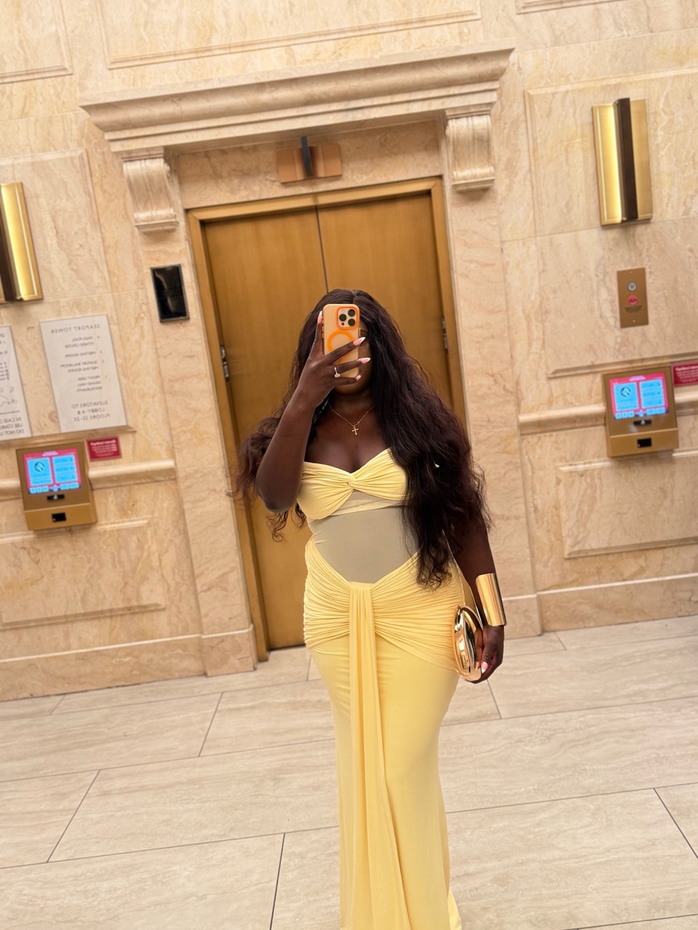 Yellow Mesh-Inset Maxi Evening Dress